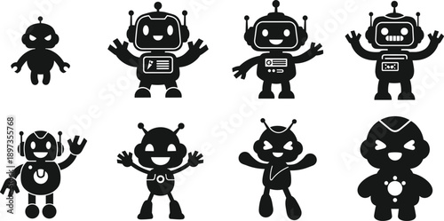 Cute robot silhouette character set with friendly cartoon android mascots in playful poses for icons stickers apps