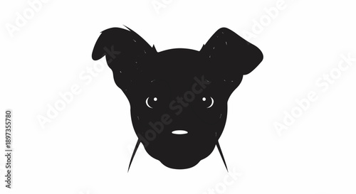 A black silhouette illustration of a dog's head with white eyes and snout on a plain white background