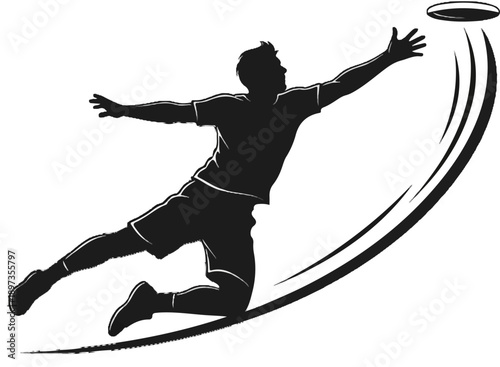 A black silhouette of a person leaping to catch a disc, with dynamic motion lines