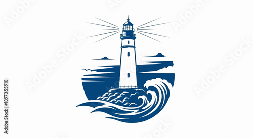 A blue and white graphic depiction of a lighthouse on a rocky coast with crashing waves and clouds