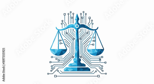 A blue polygonal-style scales of justice icon integrated with a circuit board design on white