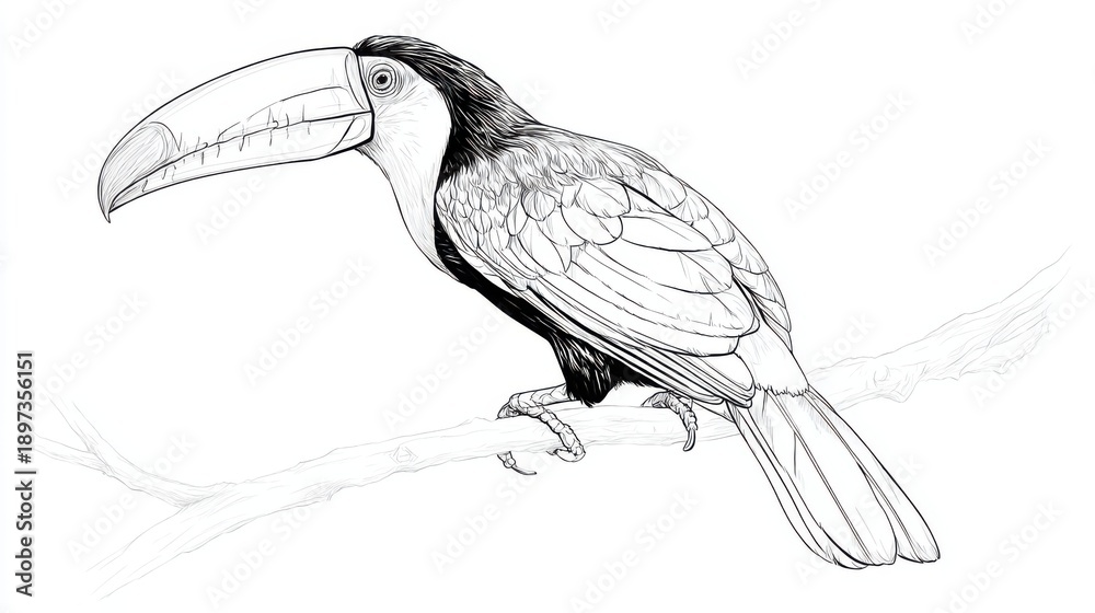 Fototapeta premium Detailed Line Drawing of a Tropical Bird Perched on a Branch
