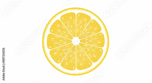 A bright, juicy yellow lemon slice, cut across to reveal its segmented pulp and rind on white background