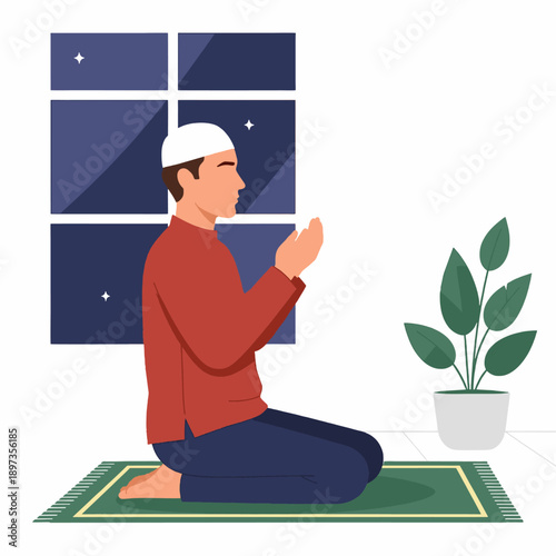 Man Praying on Prayer Mat Kneeling.