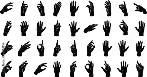 Hand gesture silhouette collection, black vector hands, communication signs, pointing, open palms, closed fists, finger symbols, isolated poses, design elements