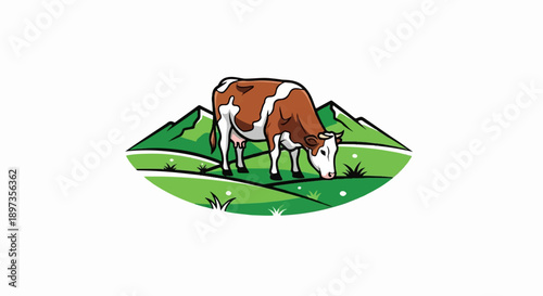A cartoon brown and white cow grazes in a green pasture with stylized mountains in the background