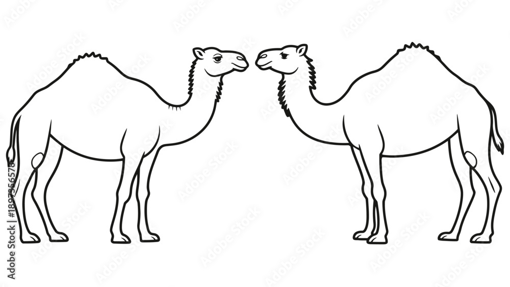 Fototapeta premium Two camels facing each other in a simple line drawing illustration