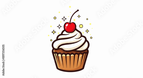 A cartoon illustration of a cupcake topped with white frosting and a red cherry, surrounded by sparkles