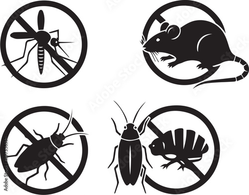 Pest Control Silhouette Icon Set – Anti-Mosquito, Rat, and Insect Prohibition Vector