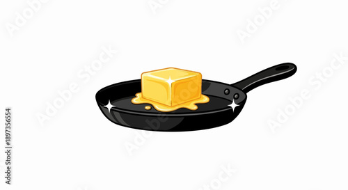 A cartoon illustration of a golden block of butter melting in a shiny black frying pan