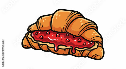 A cartoon illustration of a golden-brown croissant, split open and generously filled with red strawberry jam