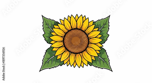 A cheerful, vibrant, stylized illustration of a blooming sunflower with yellow petals and green leaves