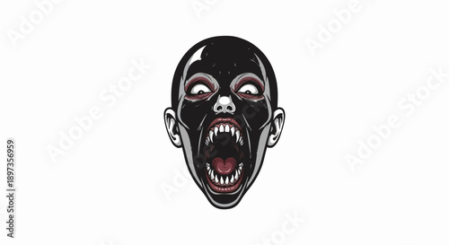 A chilling illustration of a zombie-like face with pale eyes and sharp fangs, screaming intensely