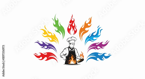 A chef in a hat and apron cooks with a fiery pan, surrounded by a vibrant, colorful array of flames