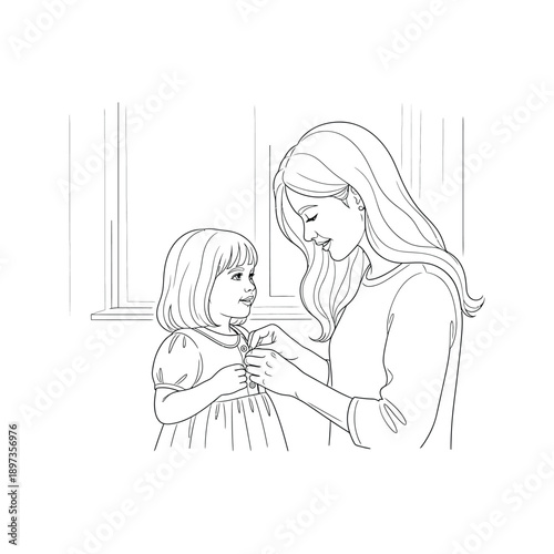 Mother Helping Daughter Button Up Her Dress Line family