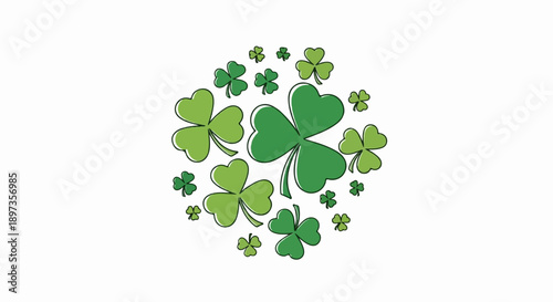 A circular arrangement of sketched green three-leaf clovers in various sizes on a white background