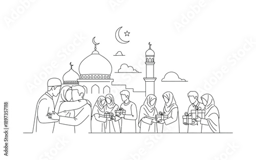 Muslim people exchanging gifts in front of a mosque during a celebration