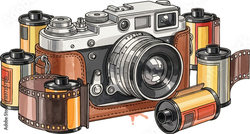 A classic film camera in a brown leather case, surrounded by various rolls of analog photographic film