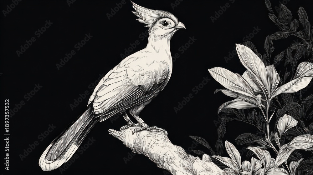 Fototapeta premium Detailed Sketch of Bird Perched on Branch with Leaves in Black Background
