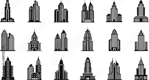 A collection of 15 black and white vector icons depicting various modern and classic city buildings