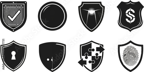 A collection of eight black and white vector icons, mostly shields, representing various security and protection concepts