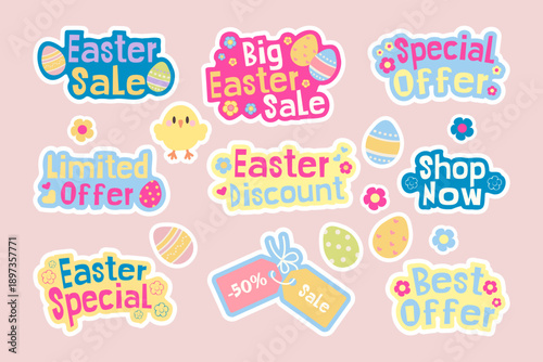 Bright kawaii style sale sticker set Cute characters, promotional labels including Sale, Best Offer, Shop Now, Easter Sale Perfect for online shops Ads Social media Packaging Festive marketing designs