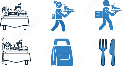 A collection of fast food and delivery icons featuring meal sets, delivery persons, a take-out bag, and cutlery