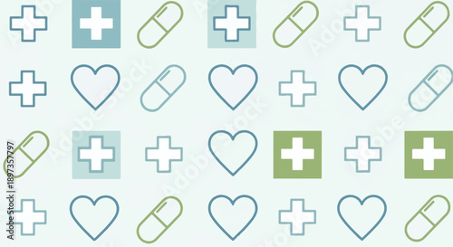 Medical health care vector pattern with crosses, hearts, and pills in blue and green on light background
