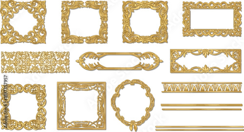 A collection of ornate golden frames and decorative borders with intricate scrollwork and floral designs