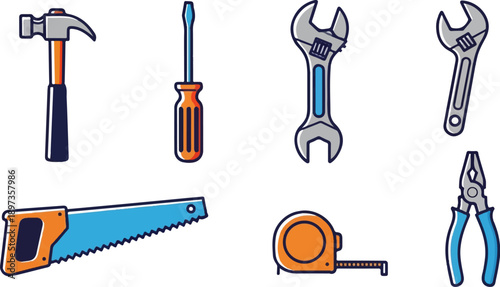 A collection of seven common repair and construction tools with orange and blue accents on a white background