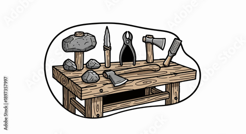 A collection of primitive tools including stone axes, a hammer, knife, and other implements on a wooden workbench