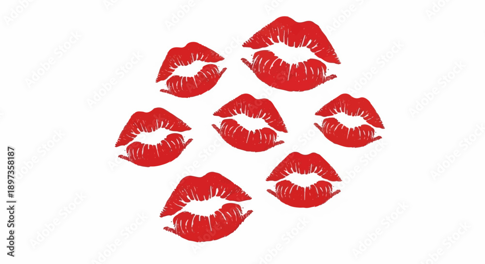 Fototapeta premium A collection of vibrant red lipstick kiss marks arranged on a pristine white background, forming a cluster