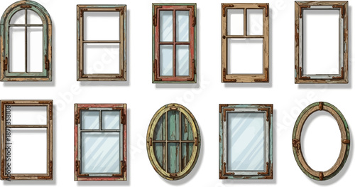 A collection of ten rustic, weathered window frames in various shapes and sizes, some with glass