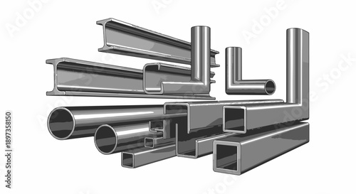 A collection of various shiny gray metal profiles, including I-beams, pipes, channels, and square tubes