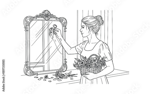 Woman Arranging Flowers in a Basket Before an Ornate Mirror