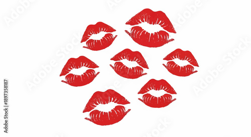A collection of vibrant red lipstick kiss marks arranged on a pristine white background, forming a cluster