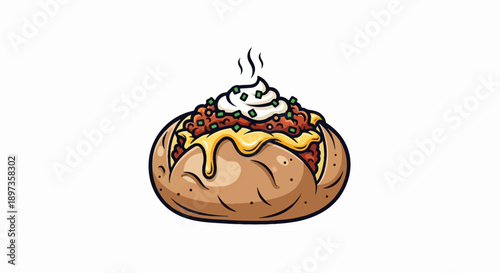 A colorful cartoon illustration of a hot baked potato loaded with chili, melted cheese, sour cream, and chives