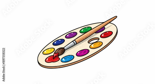 A colorful cartoon illustration of a wooden art palette with vibrant paint blobs and a paintbrush dipping into red
