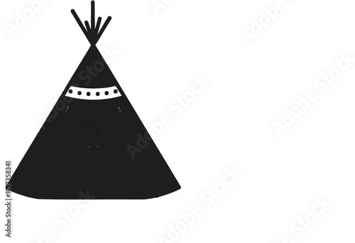 A minimalist black and white icon illustration of a traditional teepee tent with a decorative band