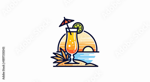 A colorful cartoon illustration of a tropical cocktail on a sandy beach with palm leaves, against a sunset ocean background