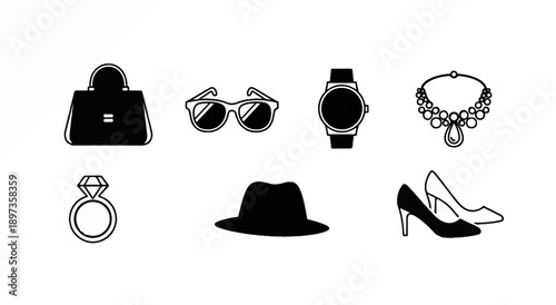 A minimalist black and white collection of fashion accessories, including a handbag, sunglasses, and jewelry