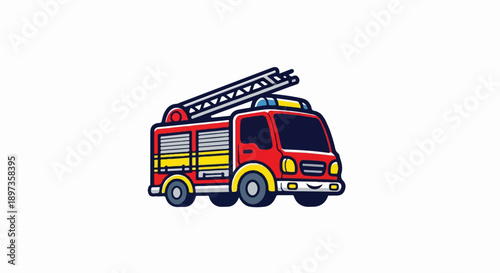 A colorful, cartoon-style illustration of a red fire truck with a ladder, siren, and friendly face