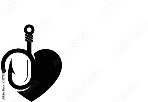A minimalist black silhouette of a heart combined with a fishing hook, symbolizing passion for angling