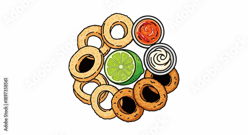A colorful illustration depicts a circular arrangement of golden fried rings, a lime half, and two sauces