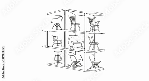 A minimalist black-and-white line art illustration showcasing nine distinct modern and vintage chairs