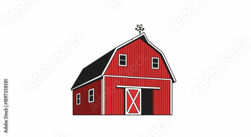 A colorful illustration of a classic red barn with a black roof and a weather vane on a white background