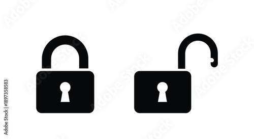 Two contrasting padlocks one locked and one open black silhouette