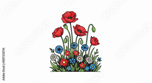 A colorful illustration of wildflowers featuring red poppies, blue cornflowers, and white daisies amidst green foliage