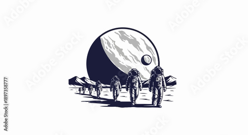A retro pixel art illustration showing a line of astronauts exploring an extraterrestrial landscape under a giant moon