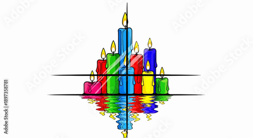 A colorful pyramid of lit candles with dripping wax, reflecting on a wavy surface below, white background